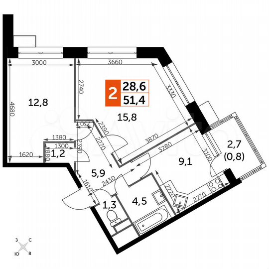 2-к. квартира, 51,4 м², 2/22 эт.