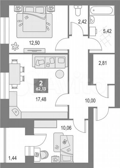 2-к. квартира, 62,1 м², 4/4 эт.