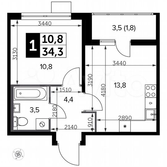 1-к. квартира, 34,3 м², 19/23 эт.