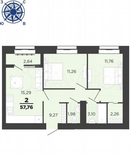 2-к. квартира, 56,3 м², 11/16 эт.
