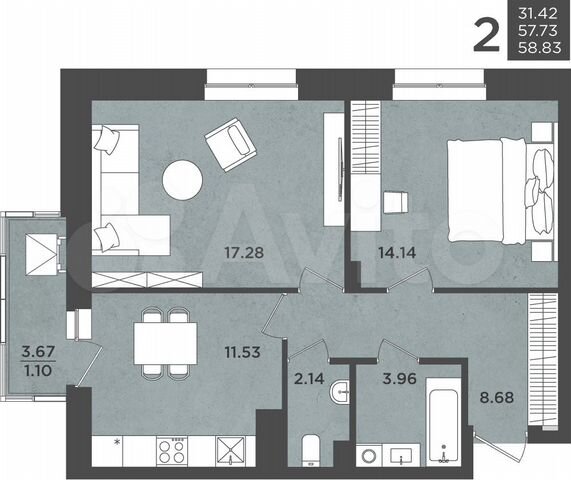 2-к. квартира, 58,8 м², 11/24 эт.