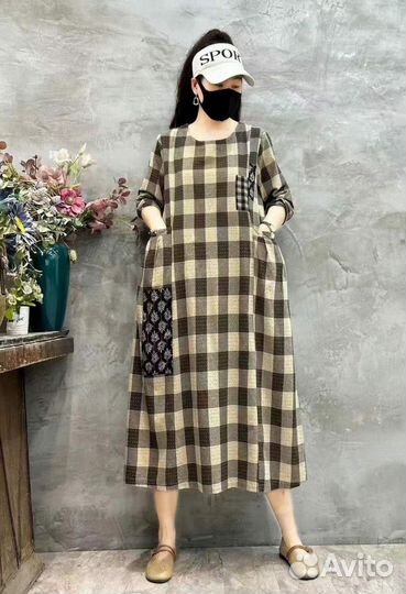 Летнее платье в клетку. Конопля. Корейский стиль