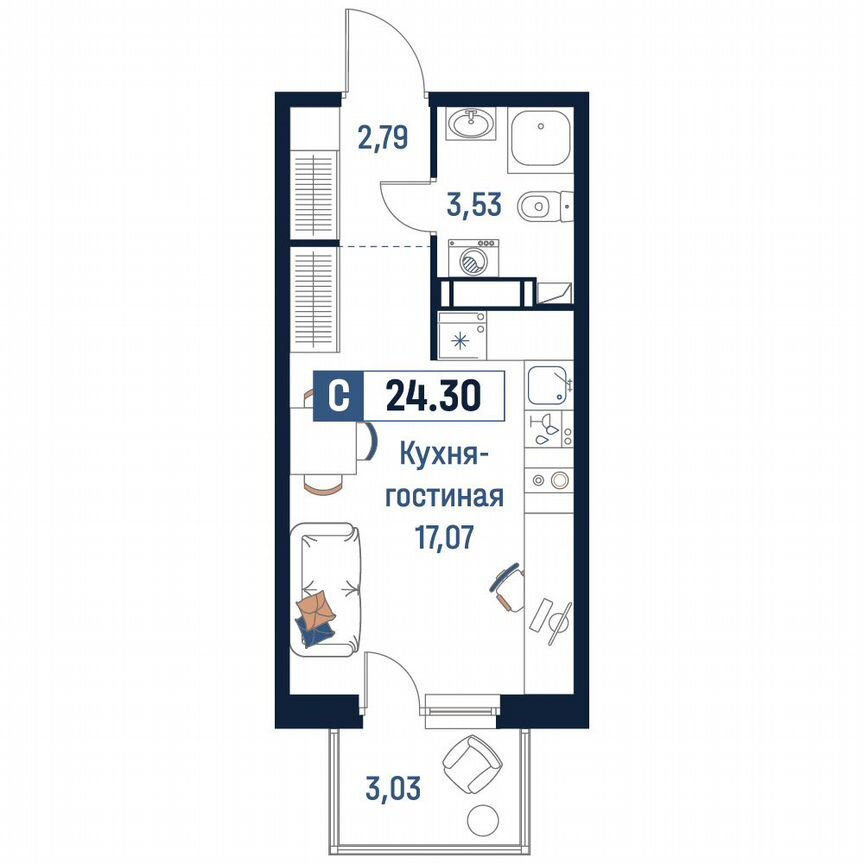 Квартира-студия, 24,3 м², 9/18 эт.