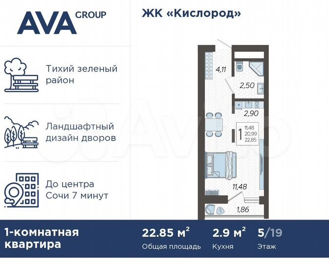 Квартира-студия, 22,9 м², 5/19 эт.