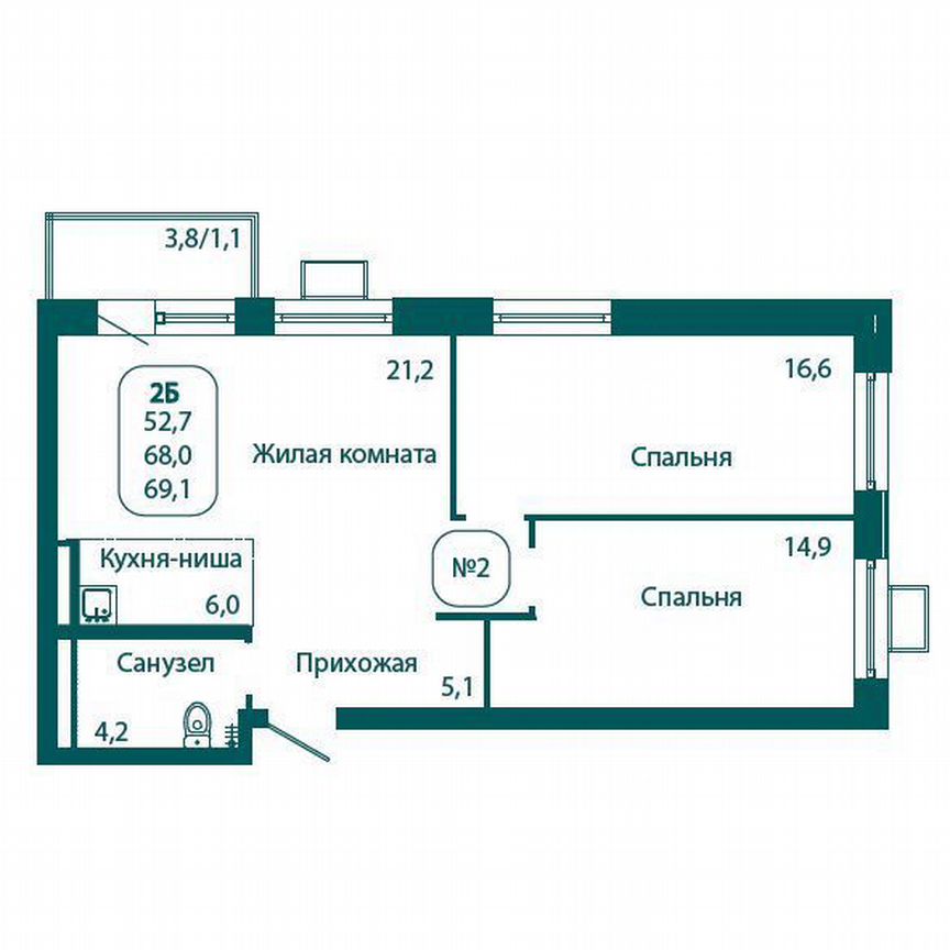 2-к. квартира, 69,1 м², 7/17 эт.