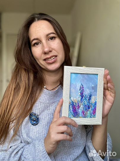 Картина маслом Люпины 10х15 см