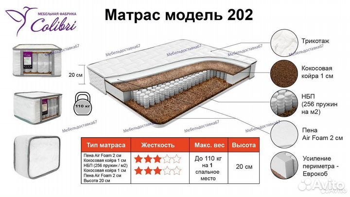 Матрас 70,80,90,120,160,180,200 мод.202, наличие