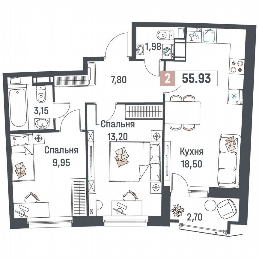 2-к. квартира, 55,9 м², 7/18 эт.