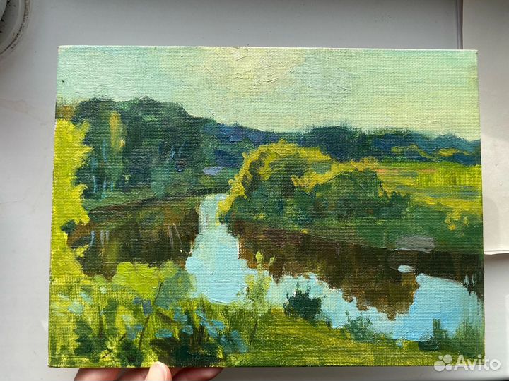 Картина маслом этюд пейзаж река лес живопись