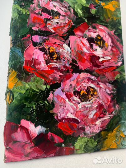 Картина маслом букет цветов красные пионы пейзаж