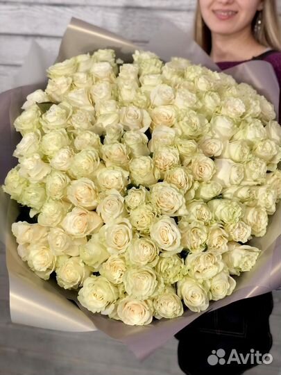 Букет из 101 белой Розы Эквадор в матовой бумаге У