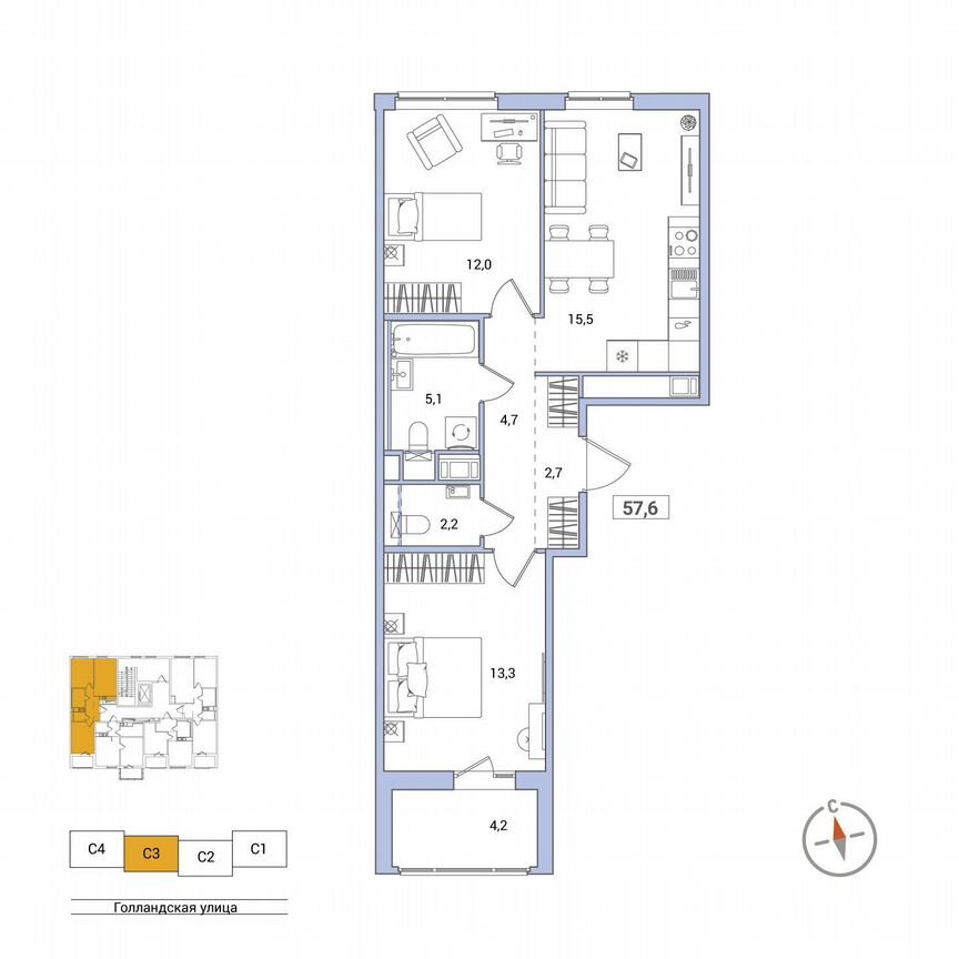 2-к. квартира, 57,6 м², 7/11 эт.