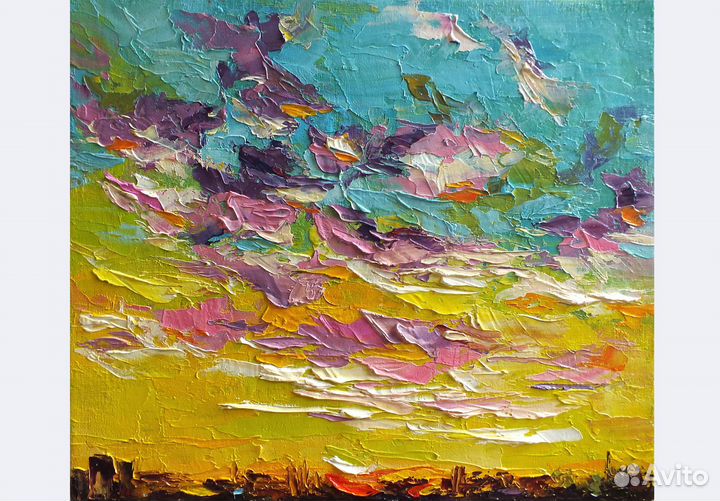 Картина маслом с закатом, небо, облака 25х30