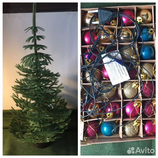 Елка новогодняя СССР, соврмен игрушки и гирлянда