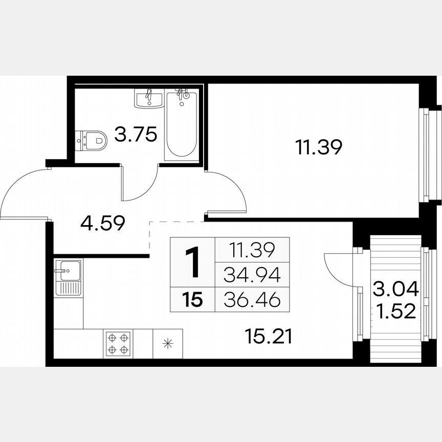 1-к. квартира, 36,5 м², 2/15 эт.