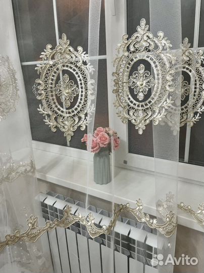 Тюль вензель с вышивкой и жемчугом новый