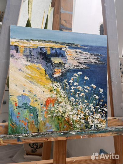 Картина масло Ромашки и море