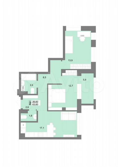 2-к. квартира, 63,6 м², 4/31 эт.