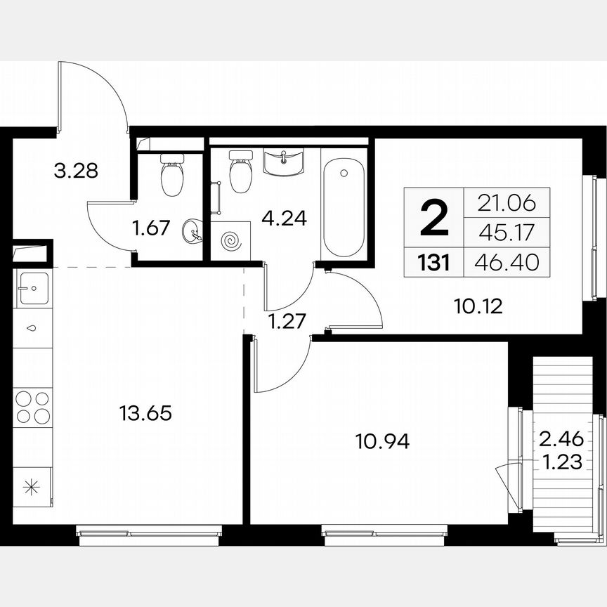 2-к. квартира, 46,4 м², 10/12 эт.