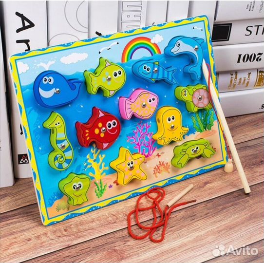 Магнитная рыбалка сортер Монтессори,3в1 деревянная