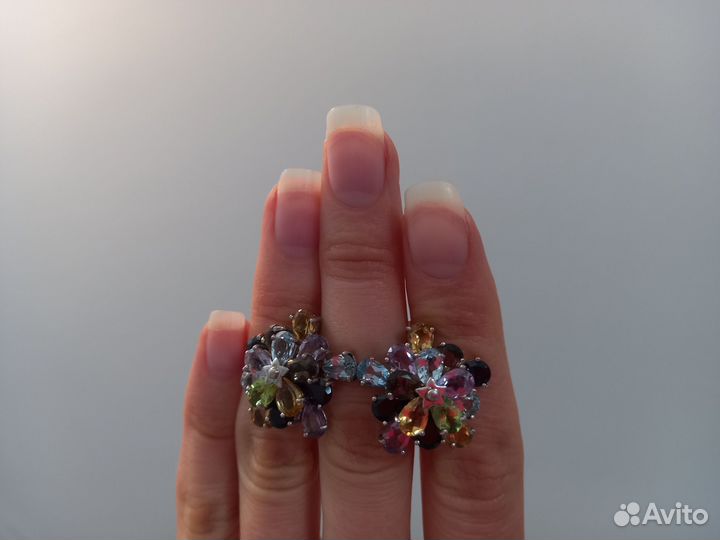 Серьги, аметист, топаз, хризолит, цитрин, серебро