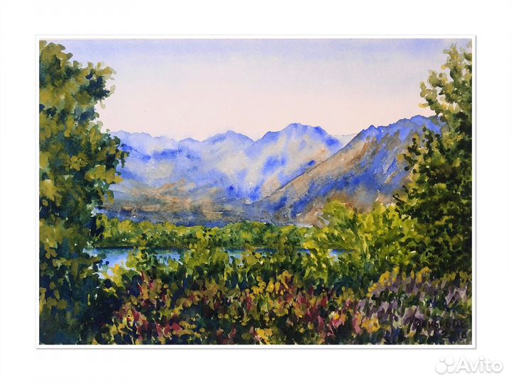 Картина пейзаж акварелью Вид на горы