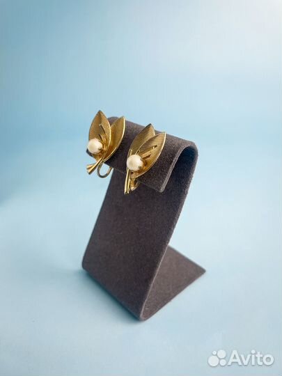 Клипсы винтажные листья с жемчужиной 70гг США К6