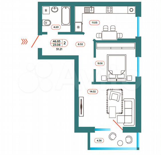 2-к. квартира, 50,2 м², 6/9 эт.