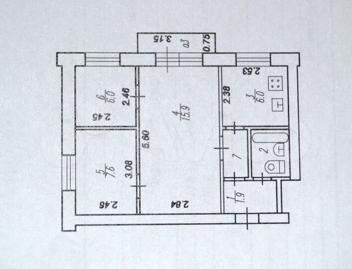 3-к. квартира, 42 м², 2/5 эт.