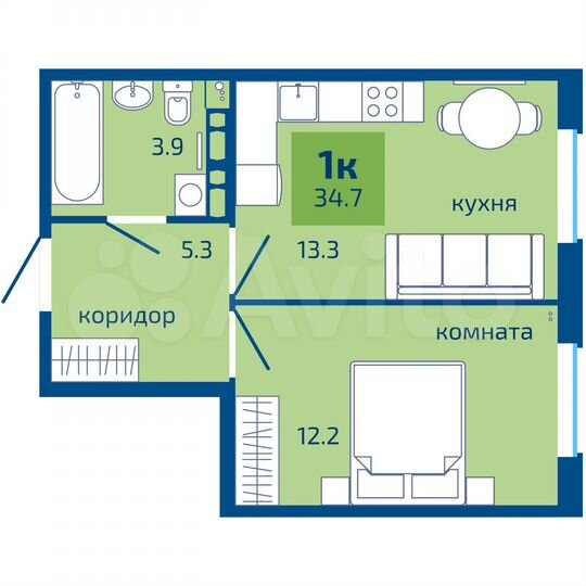 1-к. квартира, 34,7 м², 7/10 эт.