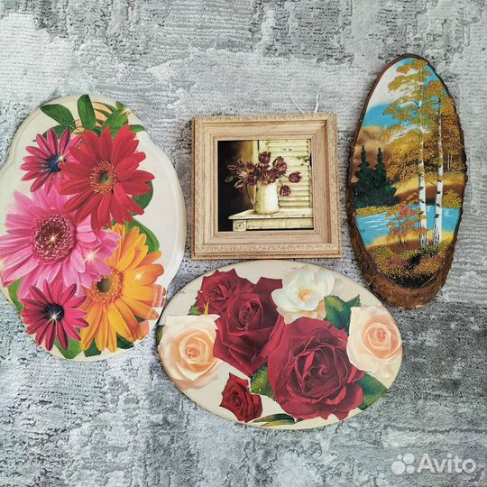 Картина Тюльпаны,декупаж, панно на срезе дерева