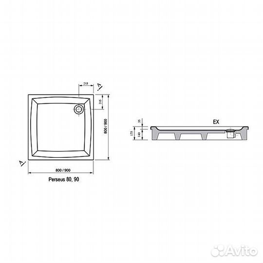 Душевой поддон Ravak Perseus-90 EX (900 x 900) сам