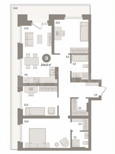 3-к. квартира, 104,6 м², 7/9 эт.