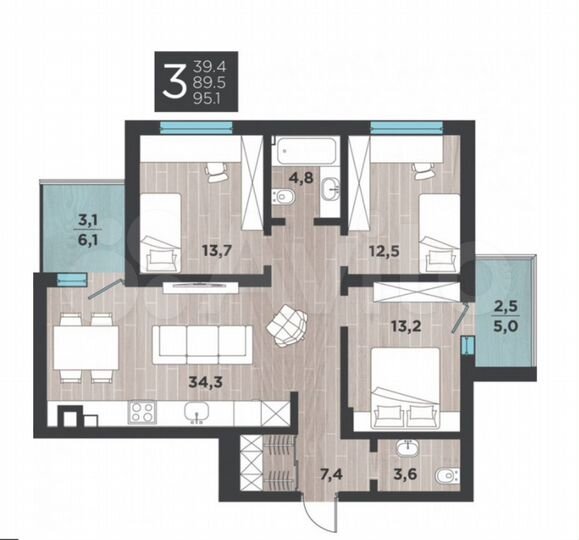 3-к. квартира, 94,3 м², 7/8 эт.