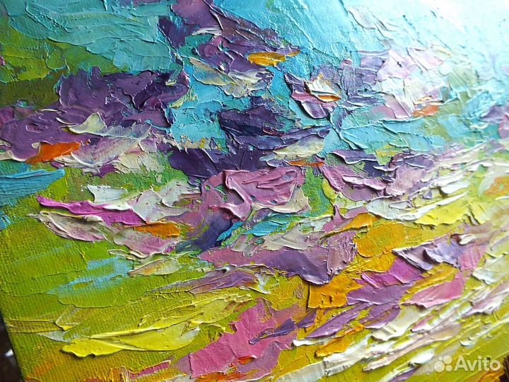 Картина маслом с закатом, небо, облака 25х30