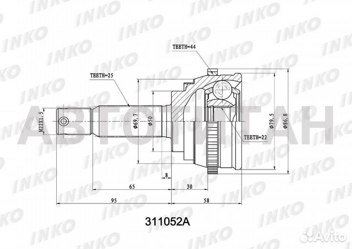 Шрус внешний 25/22 ABS 44 hyundai accent (LC ) 200