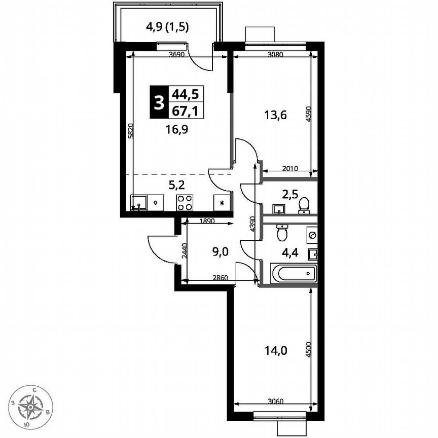 2-к. квартира, 67,1 м², 8/9 эт.