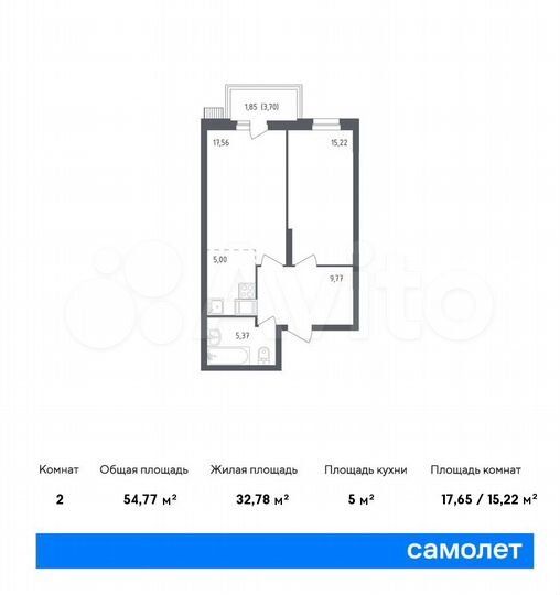 2-к. квартира, 54,8 м², 1/12 эт.