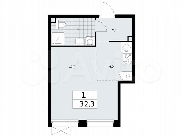 Квартира-студия, 32,3 м², 2/13 эт.