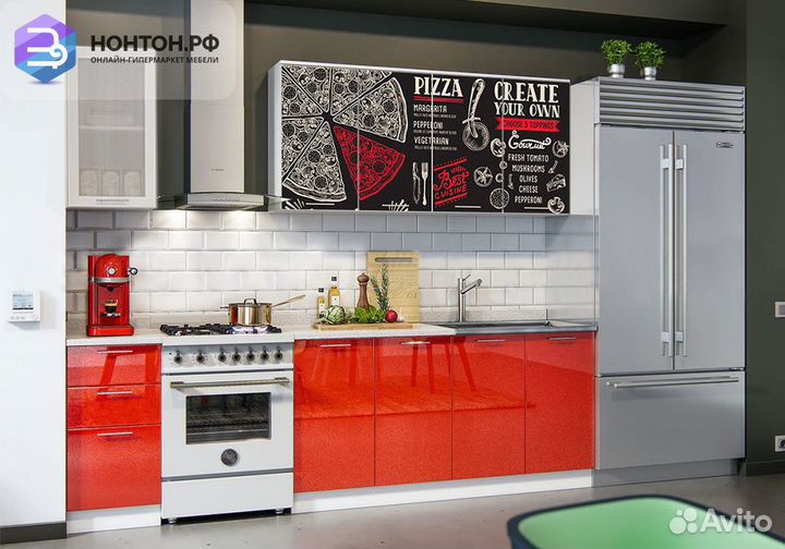 Кухня Пицца 2.0 м белый глянец / красный металлик