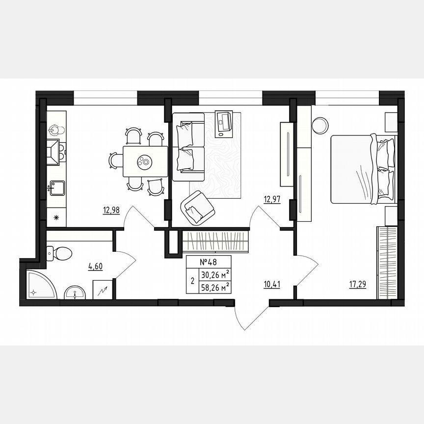 2-к. квартира, 58,3 м², 1/4 эт.