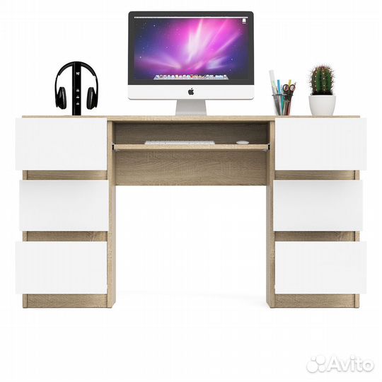 Компьютерный стол с двумя тумбами Мори мс-2, цвет дуб сонома/белый, шхгхв 135,4х50х76,6 см