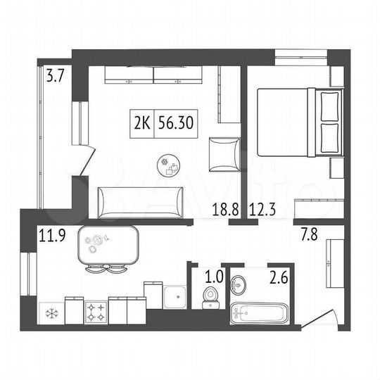 2-к. квартира, 56,3 м², 5/17 эт.