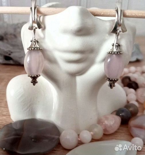 Розовый кварц серьги бусы