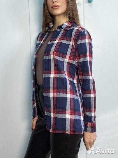 Рубашка синяя красная в клетку хлопок 44-46