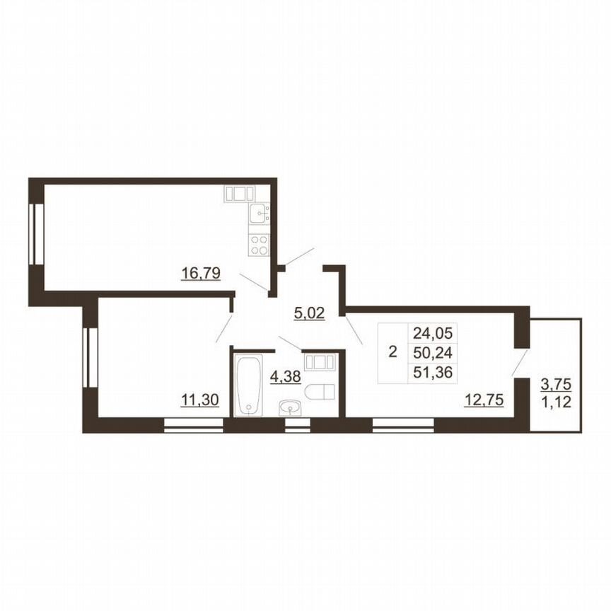 2-к. квартира, 51,4 м², 6/6 эт.
