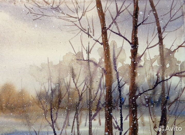 Картина акварелью, зима,зимний пейзаж