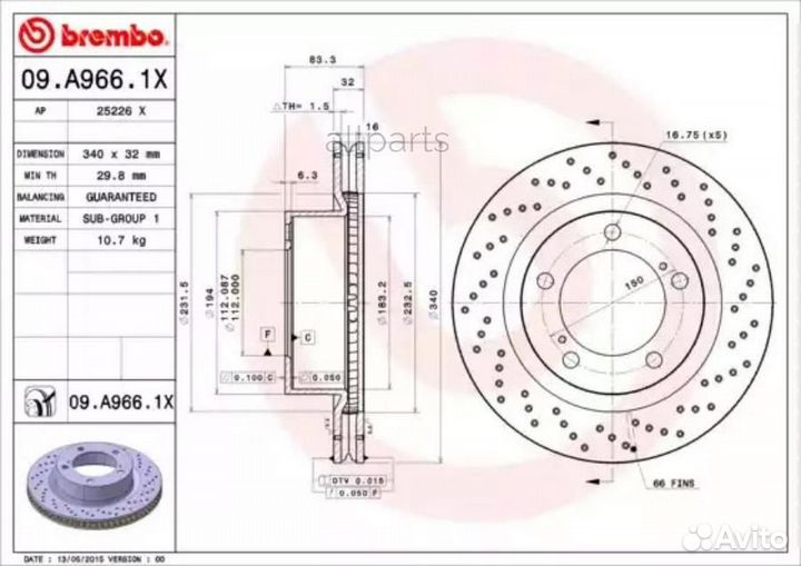 Brembo 09.A966.1X Диск тормозной передн. серии Bre