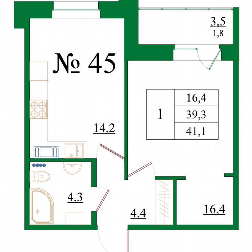 1-к. квартира, 41,1 м², 6/8 эт.