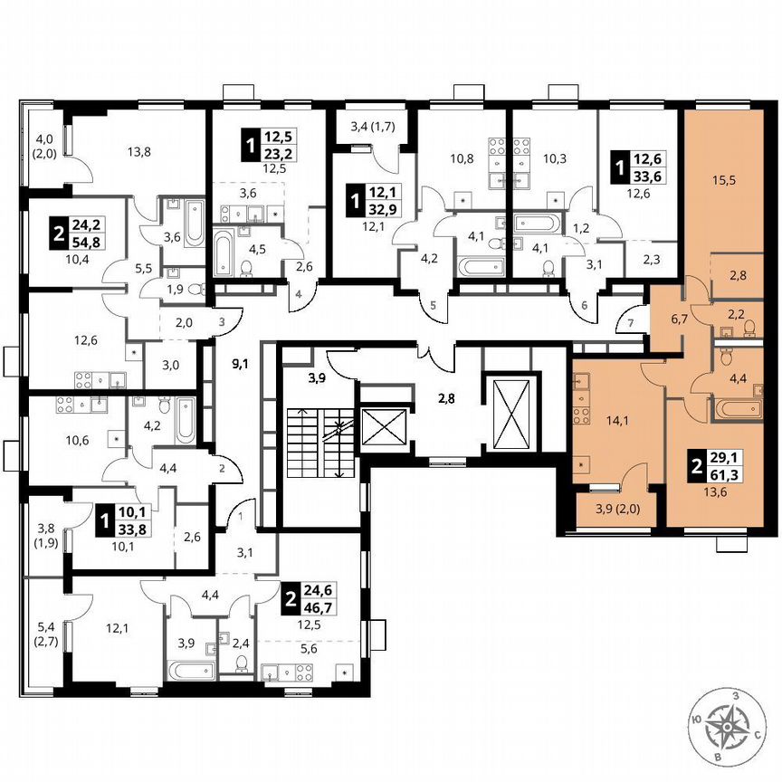 2-к. квартира, 61,3 м², 13/16 эт.
